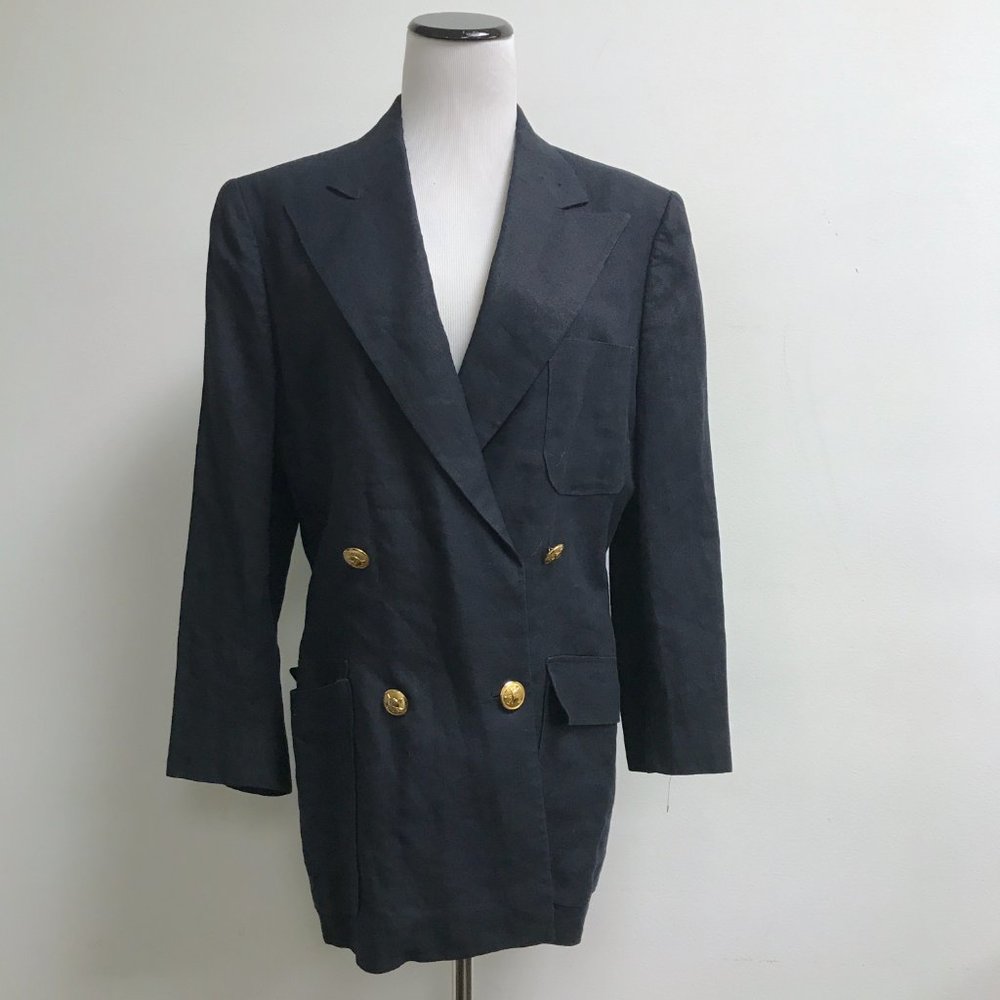 RALPH LAUREN classic black 100% linen double breasted blazer lined 6 gold button